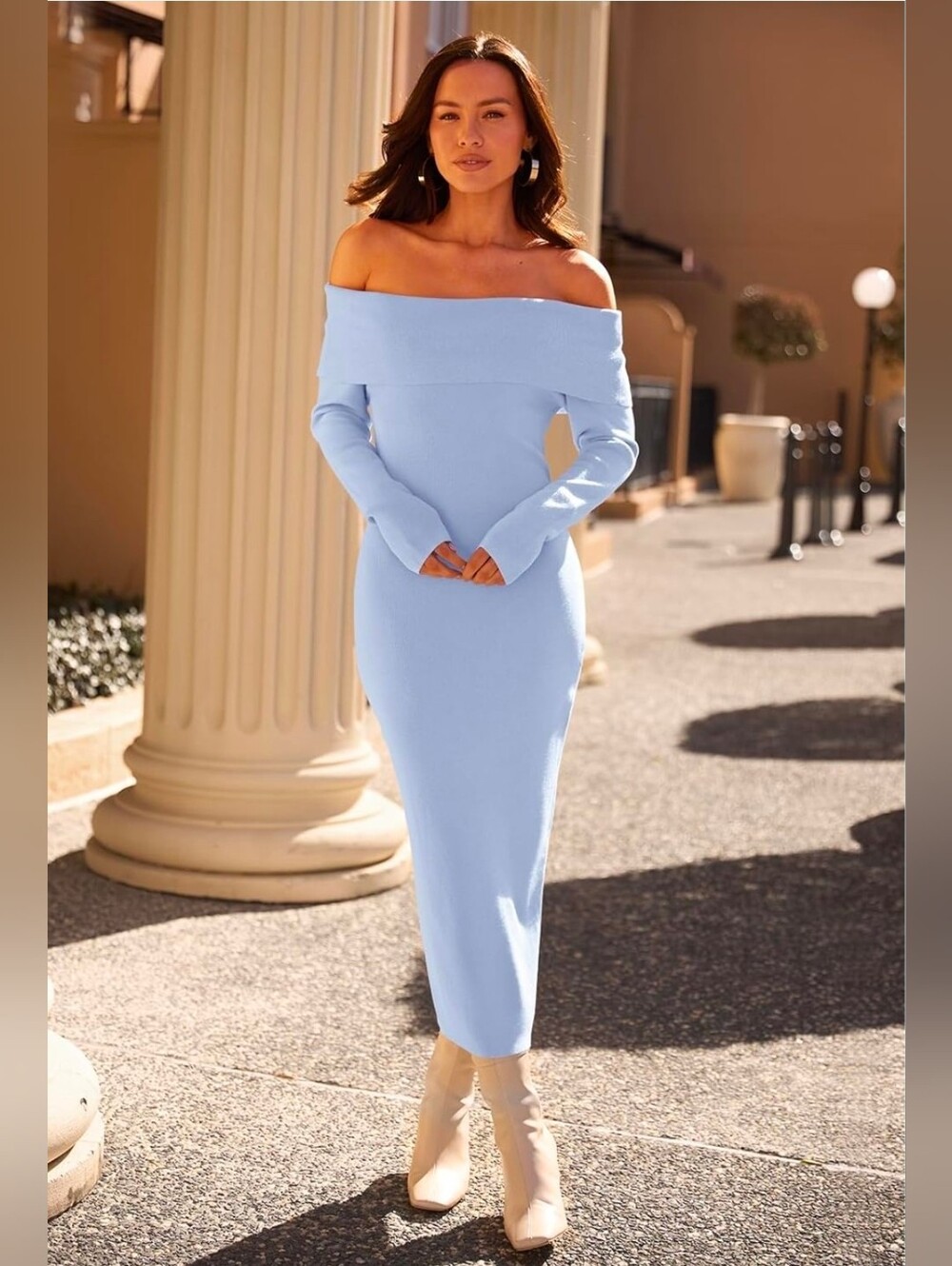 MEROKEETY Women’s XL Light Blue Off Shoulder Knit Midi Sweater Dress NWT